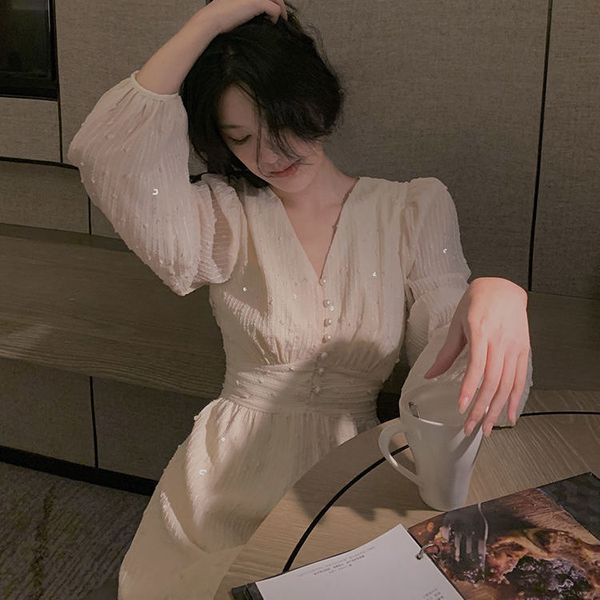 

2021 new puff retro sequins women designer long sleeve elegant fairy dress fall wedding party femme robe qgjg, Black;gray