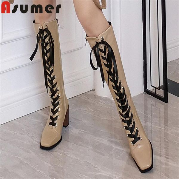 

asumer 2020 new fashion knee high boots women square toe thick heel party shoes autumn winter high heel boots ladies big size, Black