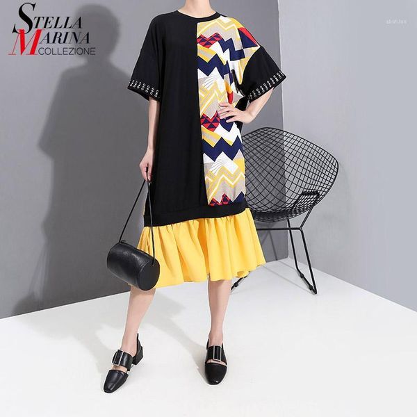 

casual dresses 2021 korean style women summer fashion black dress sleeve with metal hole geometric printed ladies plus size midi 61461, Black;gray