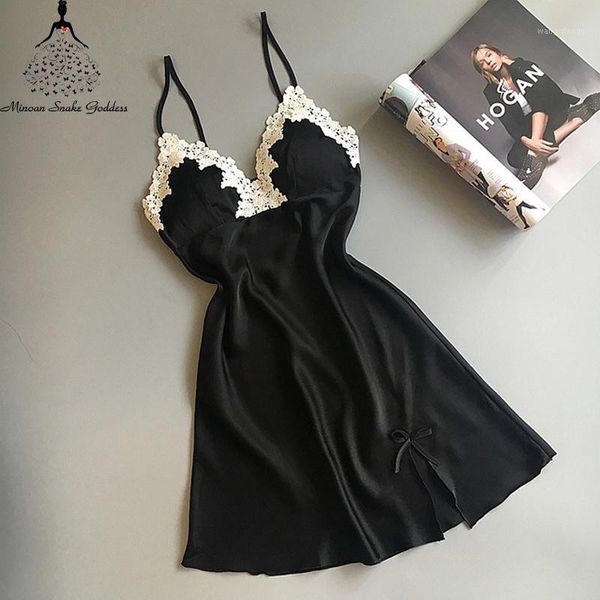 

women nightgowns sleepshirts lace silk night dress v-neck sleepwear nightwear with chest pad lingerie home wear sleeveless1, Black;red