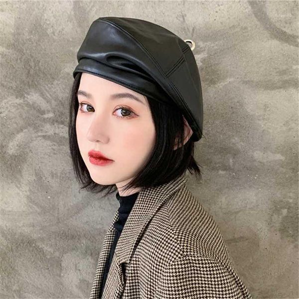 

berets pu leather brimless beret womens fall winter boinas hombre hat designer painter baret cap french octagonal hats with ring1, Blue;gray