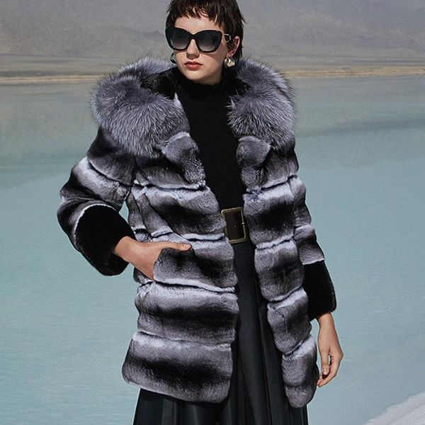 

women's fur & faux hood coat jacket women winter warm fashion real rex outwear silver collar 2021 arrival, Black