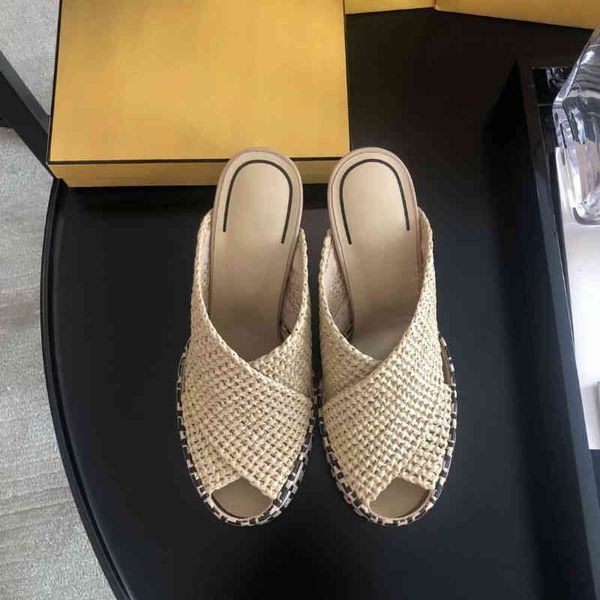 

beige ff braided raffia woven women slippers slide heel sandals heels shoes mules sandal luxury designers slides high band, Black