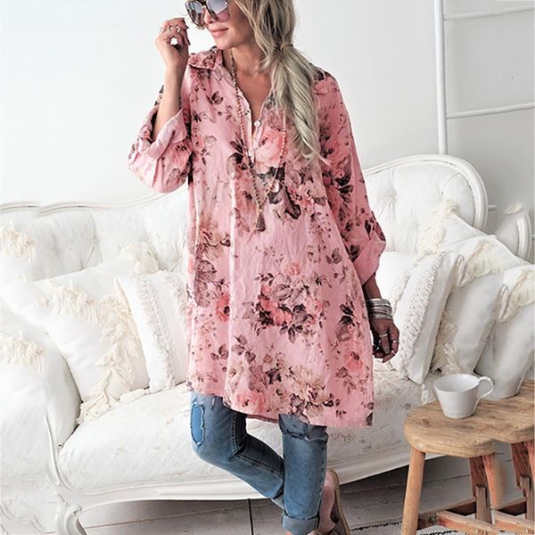 

большой размер рубашка флора женщины печати плюс размер туники женщины повседневная сыпучие цветочный печати с длинным рукавом рубашки танич, White