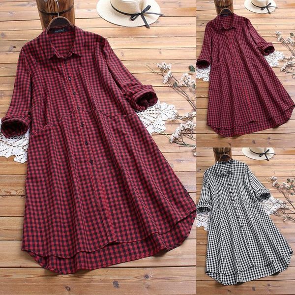 

women summer dress fashion college simplicity lapel solid color leisure plaid print long sleeve mini dress vestidos plus size#g11, Black;gray