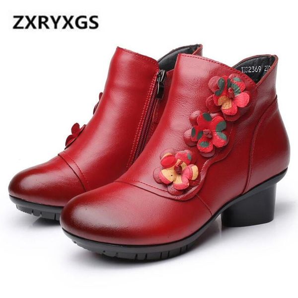 

boots classi flower cowhide leather 2021 spring elegant comfort ankle warm shoes winter women high heels 5cm, Black