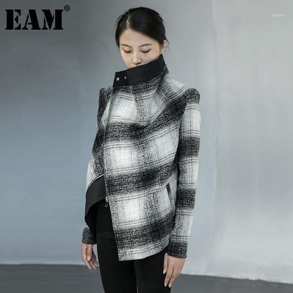 

eam] loose fit black plaid split big size woolen coat parkas new long sleeve women fashion tide autumn winter 2020 1da9011