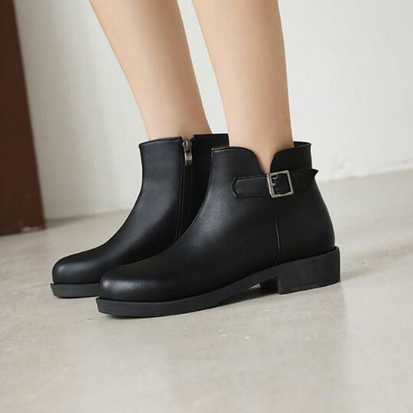 

boots women ankle low heels chaussure pu leather plus size autumn warm gladiator buckle shoes woman zapatos mujer sapato d2061, Black