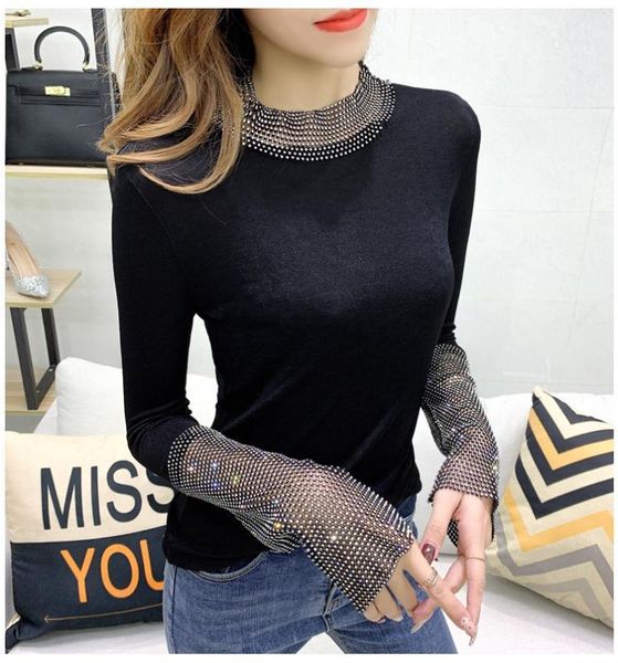 

2020 new spring autumn bottoming shirt korean clothes shiny tee pullover t-shirt women patchwork 1, White