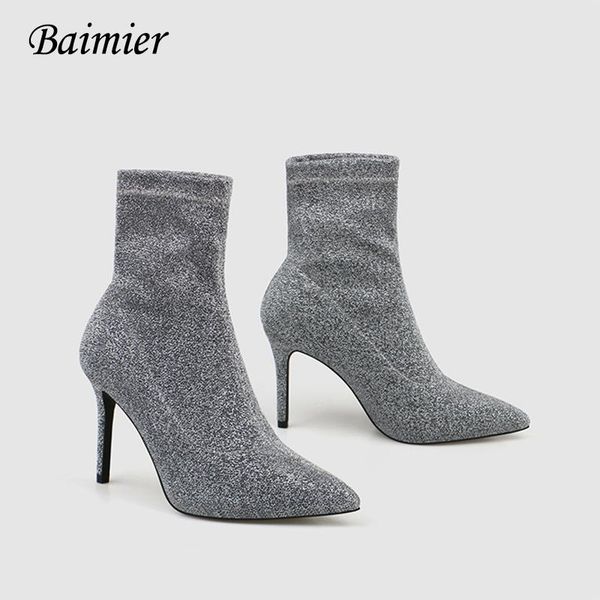 

boots autumn women sock stretch fabric slip on 9cm high heels pointed toe ankle pumps stiletto ladies shoes, Black