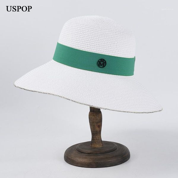 

uspop hat female summer sun hat wide brim multicolor double m letter straw beach1, Blue;gray