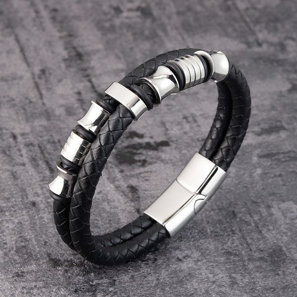 

mens leather bracelets stainless steel leather creative circle charm bracelets men's jewelry fashion jewelry lovers gift black white, Golden;silver