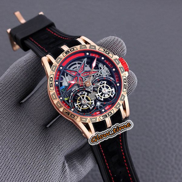 

version excalibur double tourbillon skeleton dial rddbex0395 automatic mechanical mens watch rose gold case leather designer watches, Slivery;brown