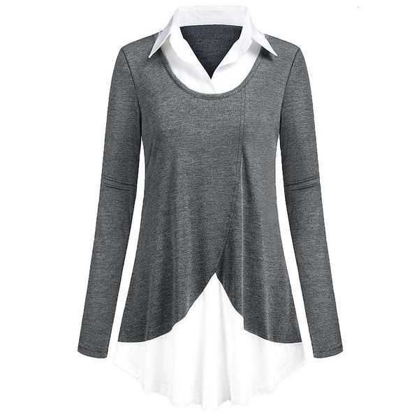 

l-4xl большой размер рубашки женщины 2020 повседневный полный рукав отложной воротник блузки и топы поддельные две пьесы пуловер сыпучие top, White