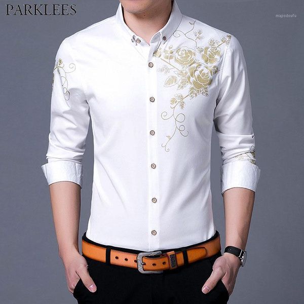 

golden rose flower print dress shirt men 2020 fashion new slim fit long sleeve chemise homme casual button down shirt male white1, White;black