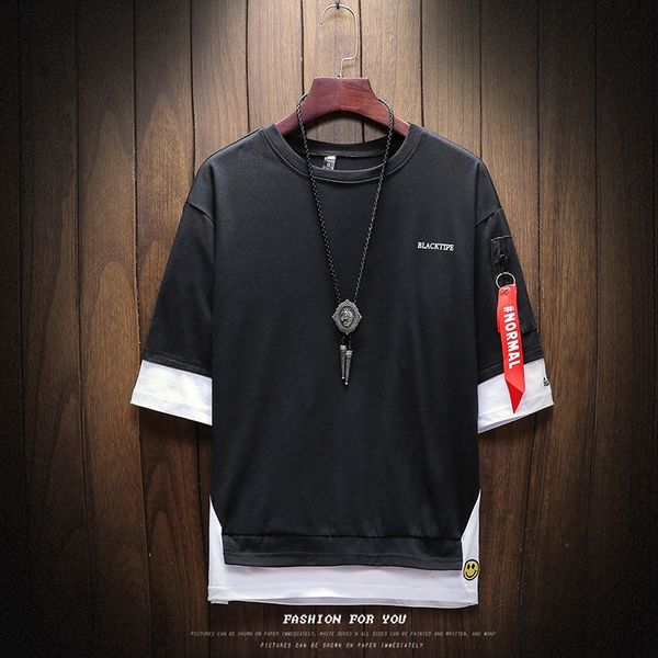 

wmvst из новых мужских поддельного рукава корейских средних двух частей летних модных летних одежд футболка рыхлой четверть рукав футболка б, Blue