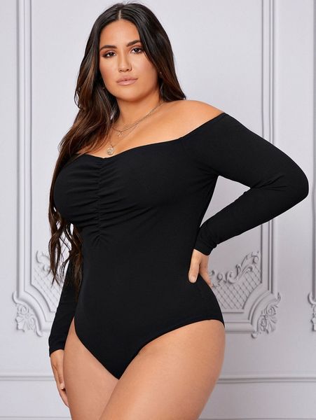 

plus ruched front off shoulder bodysuit y3y9#, Black
