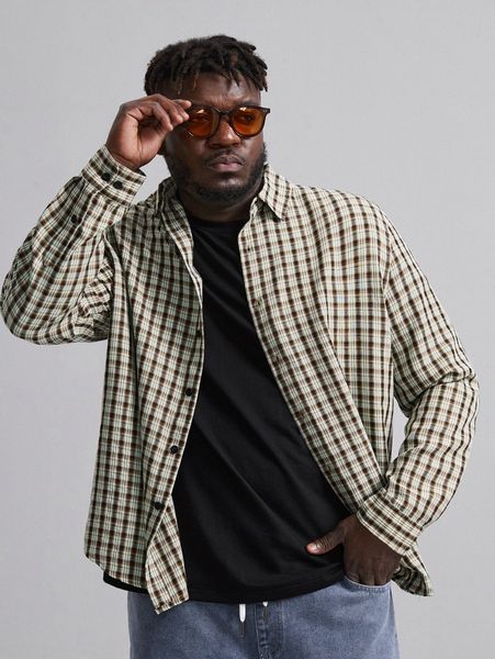 

extended sizes men single breasted plaid shirt w6tt#, White;black