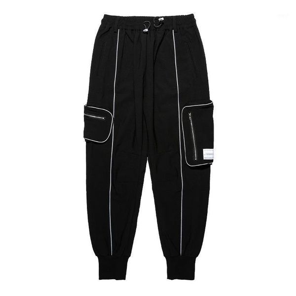 

men's pants techwear line reflective cargo streetwear zipper pockets harajuku joggers men hip hop fleece male black casual trousers1
