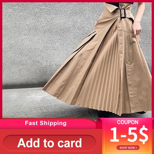 

japan asymmetrical casual pleated skirt women plain khaki harajuku hipster office ladies plus size high waist long skirts korea q0104, Black