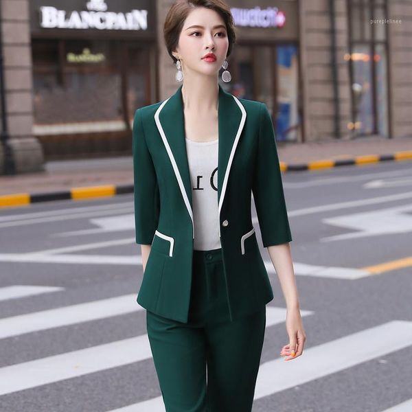 

2020 new fashion women pants suits spring temperament half sleeve slim blazer and pants office ladies formal casual work wear1, White;black