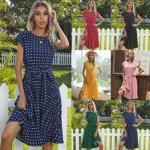 

summer new mid length skirt multicolor wave dot short sleeve lace up pleated dress women, Black;gray