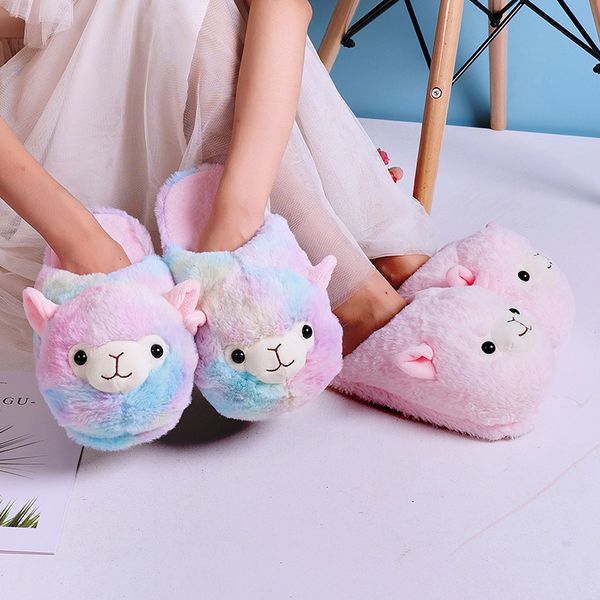 

2019 winter alpaca sheep slipper cotton warm pink indoor lovely cartoon rainbow animal women slippers y200706, Black