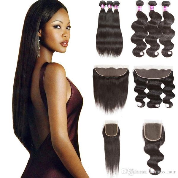 

raw indian virgin human hair bundles with closure 10a straight extensions unprocessed body wave hair weaves with frontal bulk order vendor, Black;brown