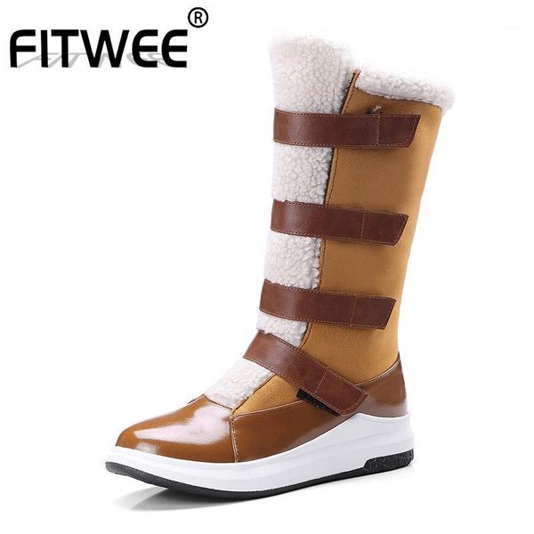 

boots fitwee winter warm fur women mid calf round toe flats leisure shoes outdoor snow footwear size 33-431, Black