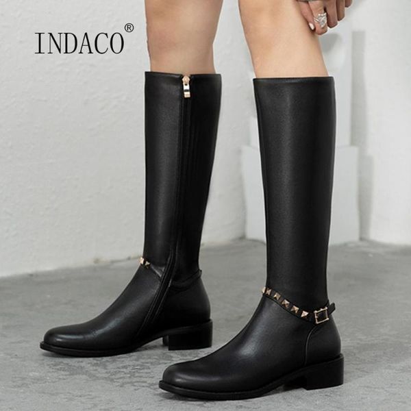 

кожа качества ботинки зимы женщин колено высокие сапоги толстый каблук мода пряжки заклепки бедро высокие черный езда, Black