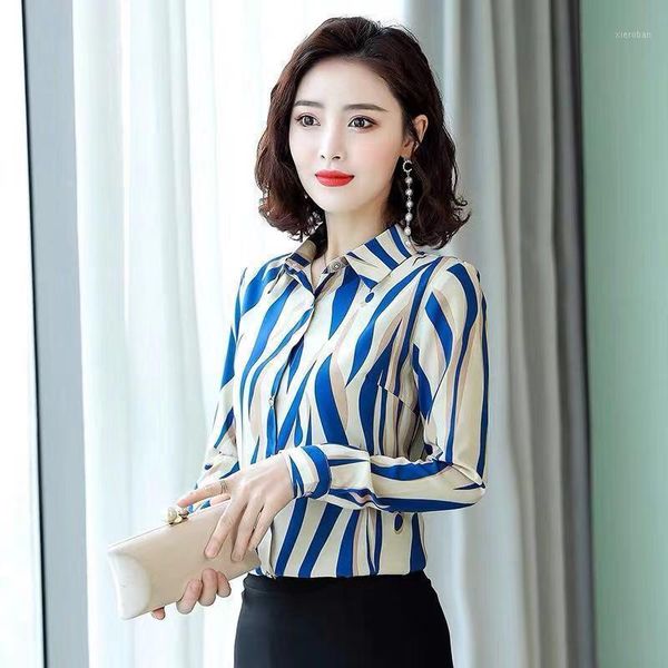 

women spring summer style imitate silk blouses shirts lady casual long sleeve turn-down collar striped printed blusas zz04041, White