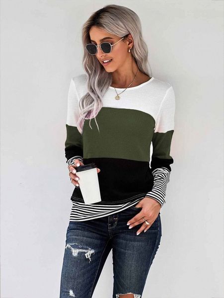 

colorblock waffle knit striped panel tee m6b7#, White