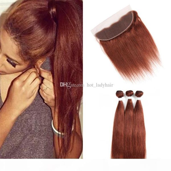 

virgin malaysian dark auburn human hair bundles with lace frontal closure silky straight color 33 auburn brown hair weave with frontal, Black;brown