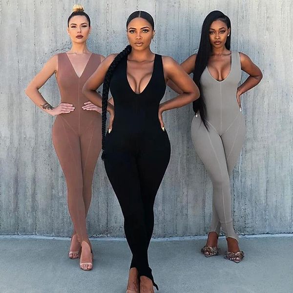 

women v neck high waist jumpsuit gym sports long pants tight bodysuit tracksuit workout joggers suits outfits1, Black;white
