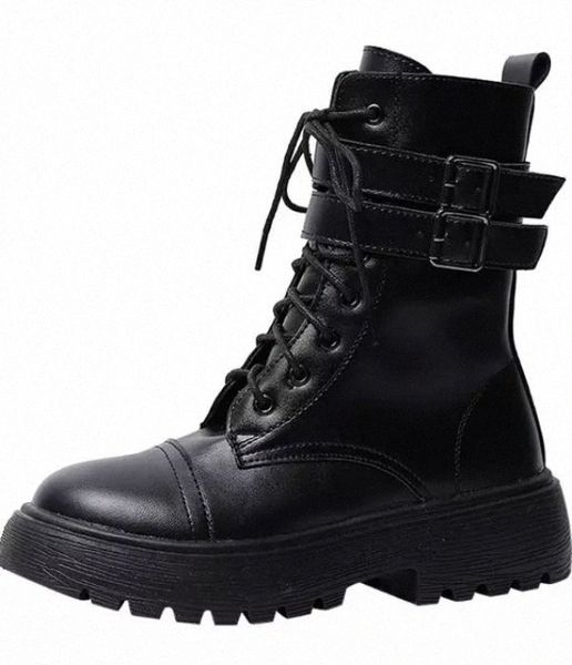 

fashion buckle chunky boots women casual lace up platform ankle boots woman waterproof pu leather punk botas mujer lolita shoes #1535, Black