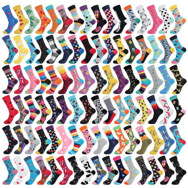 

1 pair combed cotton men fashion trend crew socks funny geometry plaid tongue printed men novelty long socks happy cartoon, Black