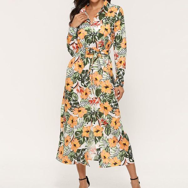 

hight waist bandage chiffon turn down color shirt dress vintage floral print casual long sleeve autumn women boho maxi dress1, Black;gray