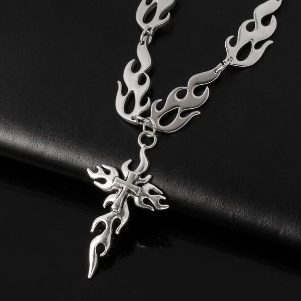

pendant necklaces harajuku flame necklace vintage dark gothic hollow cross tide cool street men and women jewelry, Silver