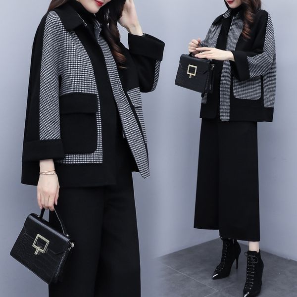 

35rmc 2020 new women's autumn wide wide coat leg and winter woolen two-piece pants wide-leg plaid coat stitching pants casual fashion s, Gray