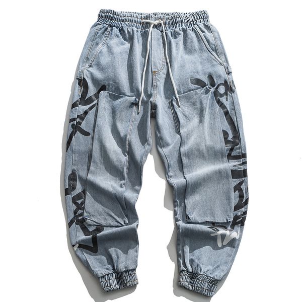 

2021 new creative patchwork print denim jeans joggers men trousers streetwear harajuku oversize elastic waist pant man hip hop loose blue 2j