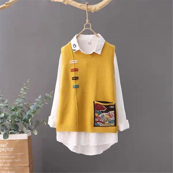 

2021 new patch designed spring autumn o neck knitted vest vintage women striped cashmere vest with pocket fashion korean, Black;white