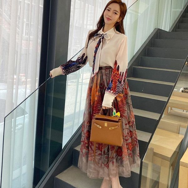 

women elegant floral printed 2-piece suits female long sleeve bow chiffon shirt & pleated high waist mesh long skirt set1, Black;gray