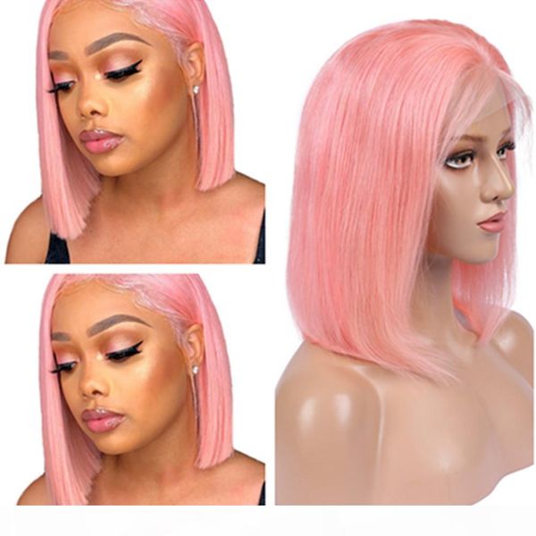 

colored pink straight full lace human hair wigs brazilian human hair short bob wigs rose gold lace front wigs 130 density natural hairline, Black;brown