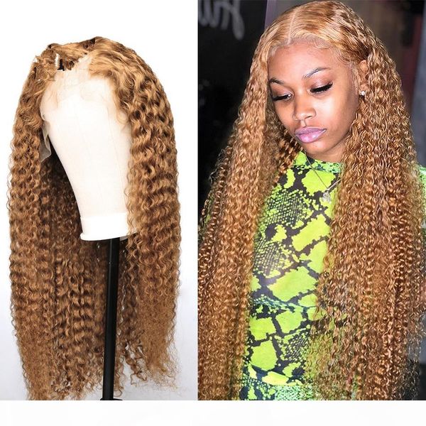 

ombre colored honey blonde #27 curly lace front human hair wigs pre plucked for black women brazilian blonde frontal wig 150% density, Black;brown