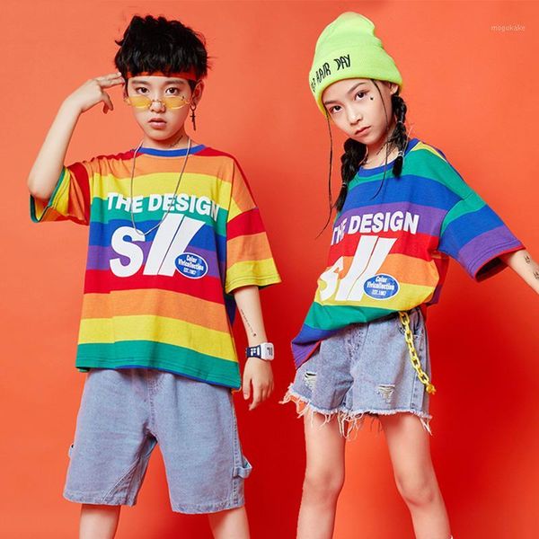 

boys hip hop dance performance clothes stage costume children's summer rainbow t-shirt denim shorts girls jazz clothing dn62641, Black;red