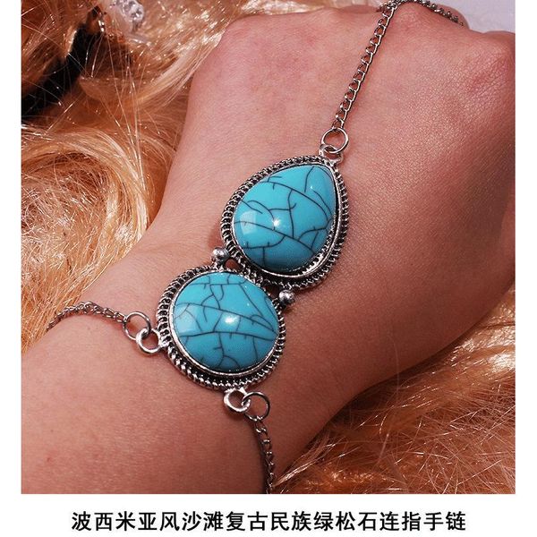 

europe and the united states bohemian sand retro ethnic turquoise chain finger bracelet jewelry wholesa sqcsff queen66, Black