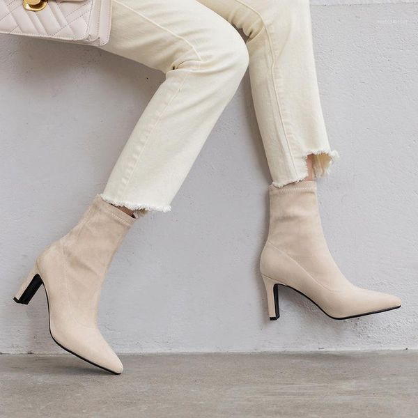 

new style net red slim high heel short boots for women's pointy elastic boots in autumn winter 20211, Black