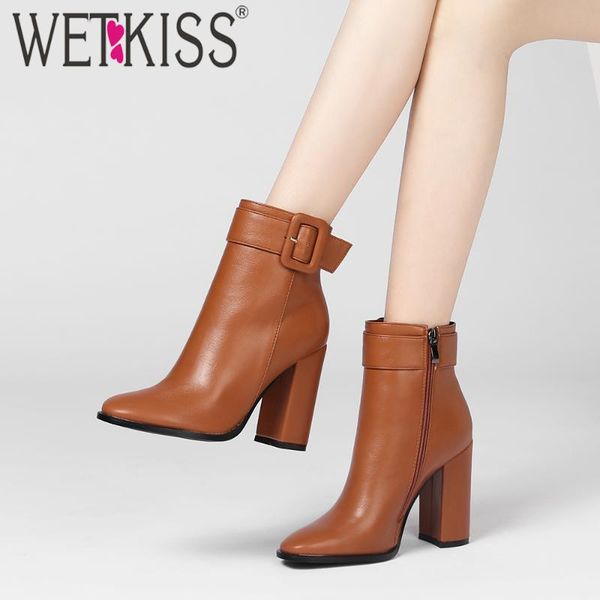 

wetkiss block heel ankle boots women buckle round toe thick high heels short booties autumn winter boot shoes woman big size, Black