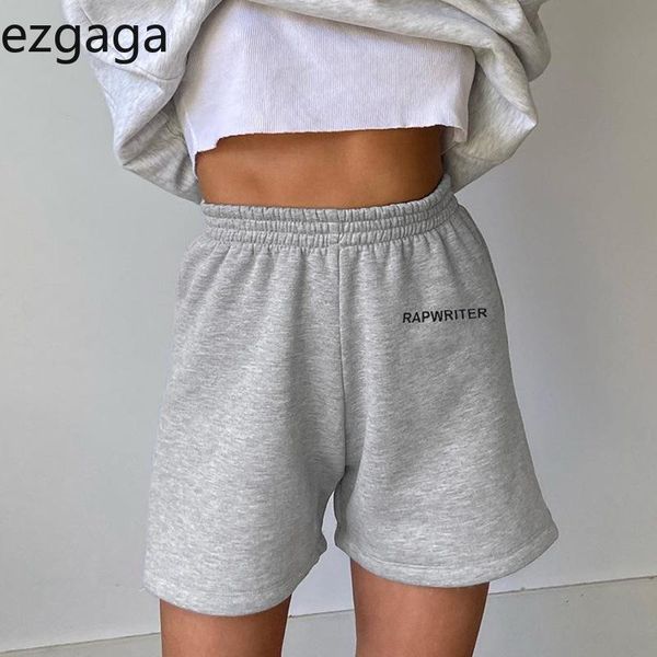 

women's shorts ezgaga women 2021 casual all-match letter print elastic high waist loose solid feminino short soft fashion, White;black