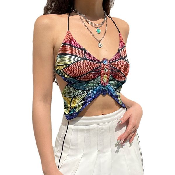 

american butterfly print lace-up vest outerwear women's tank backless show chest girl vest, White